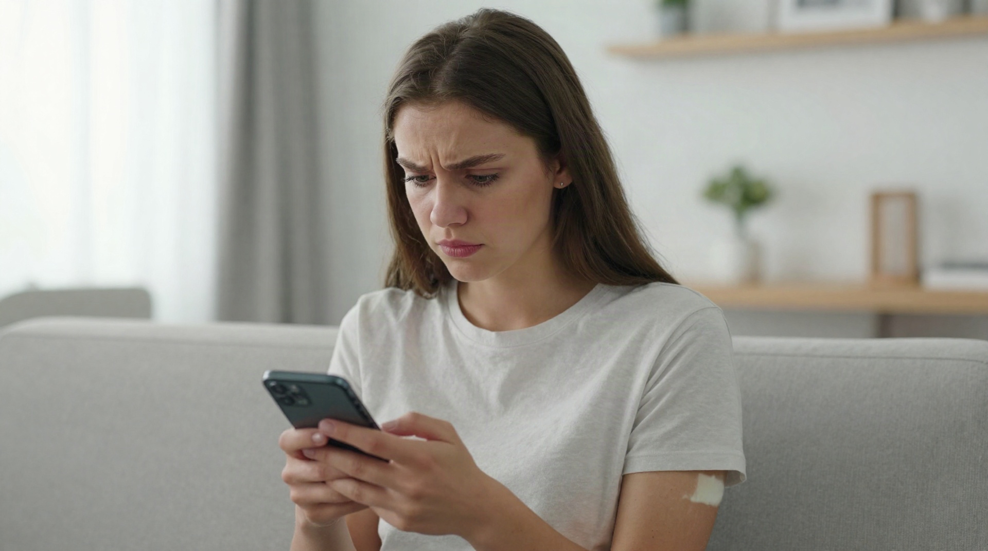 Молодая женщина смотрит на экран смартфона в полумраке, освещенная холодным светом экрана на фоне теплого света комнаты.